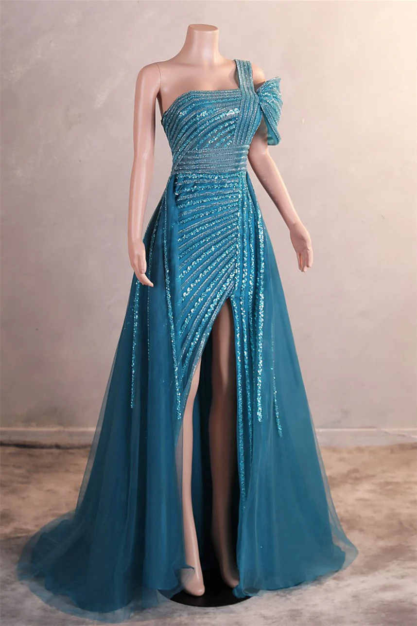 One-Shoulder Beading Sweep Train Backless Evening Dress - Image 3