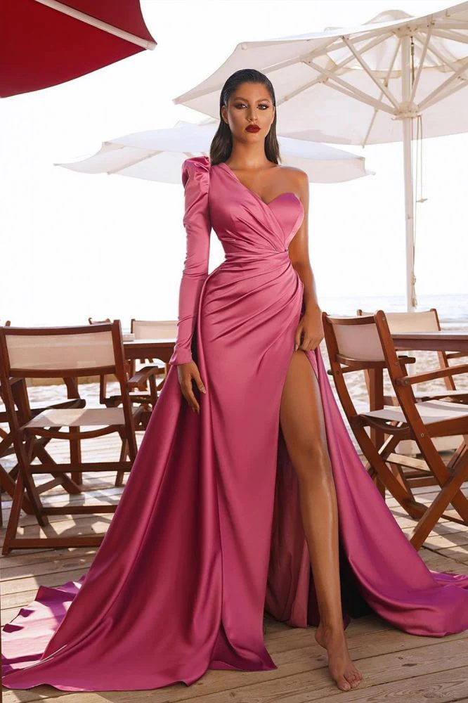 One Shoulder Satin Front Split Evening Party Dresses with Sweep Train