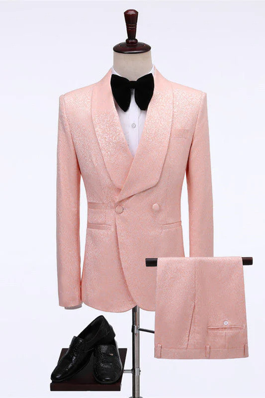 Pink Double Breasted Jacquard shawl Lapel Wedding Men Suits