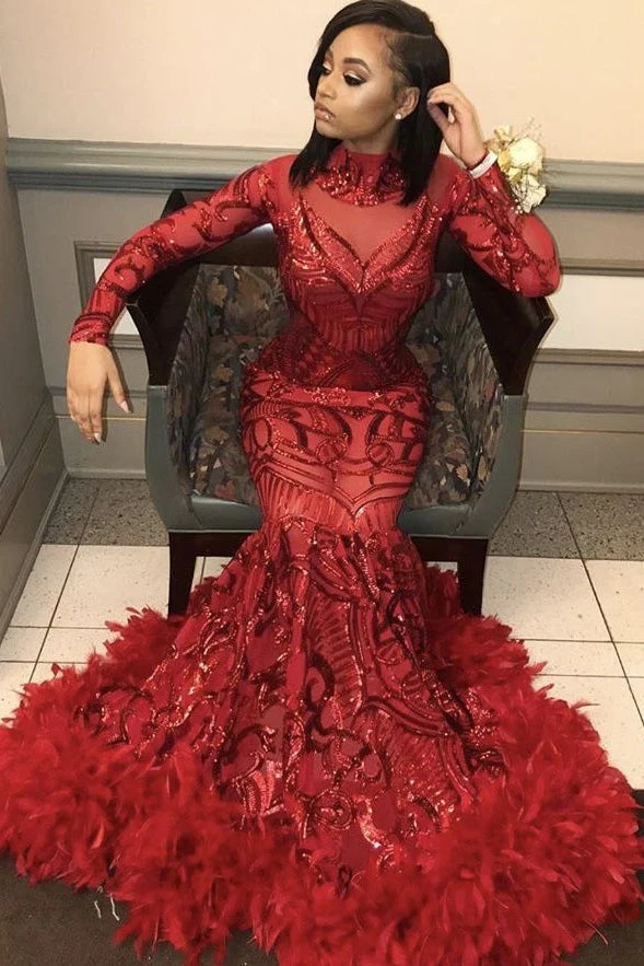 Red Mermaid Sequins Long Sleevess High Neck Prom Dresses - Image 2