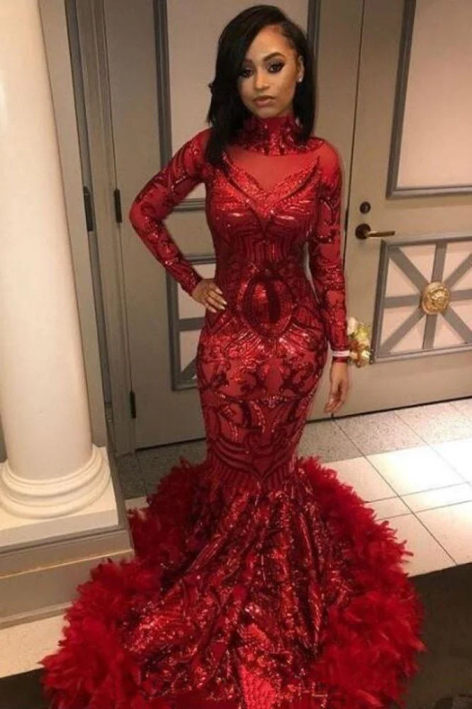 Red Mermaid Sequins Long Sleevess High Neck Prom Dresses - Image 3
