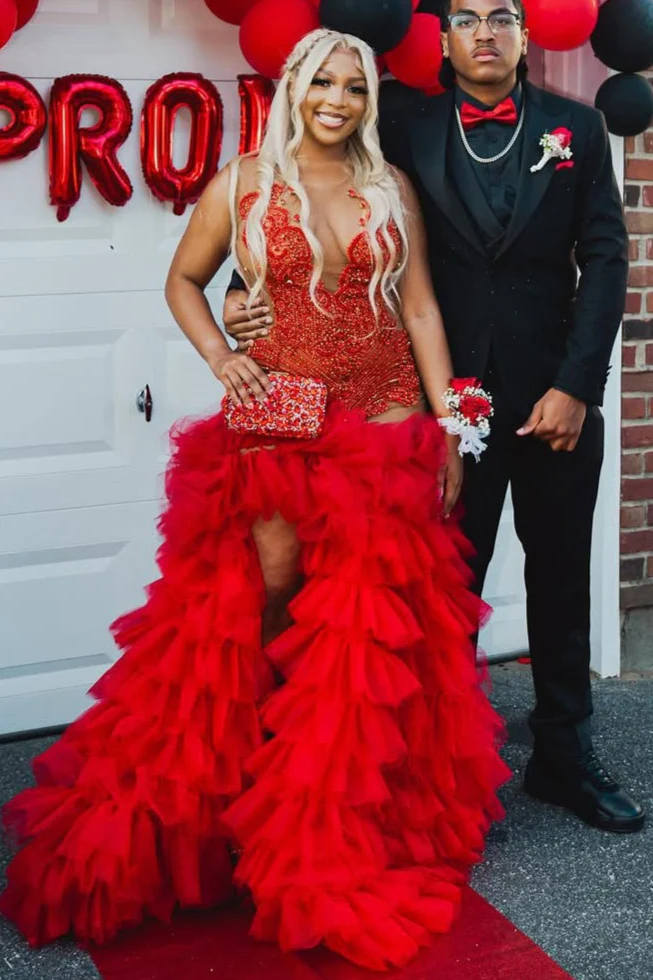 Red Ruffles High Split Sleeveless Mermaid Long Prom Dresses
