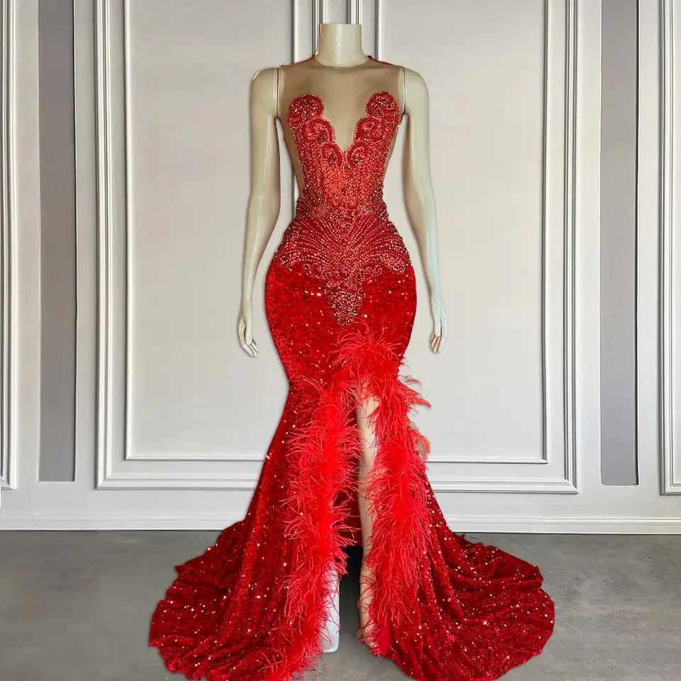Red Sleeveless Sequins Mermaid Prom Dress with Front Slit Beadings and Feathers - Image 2