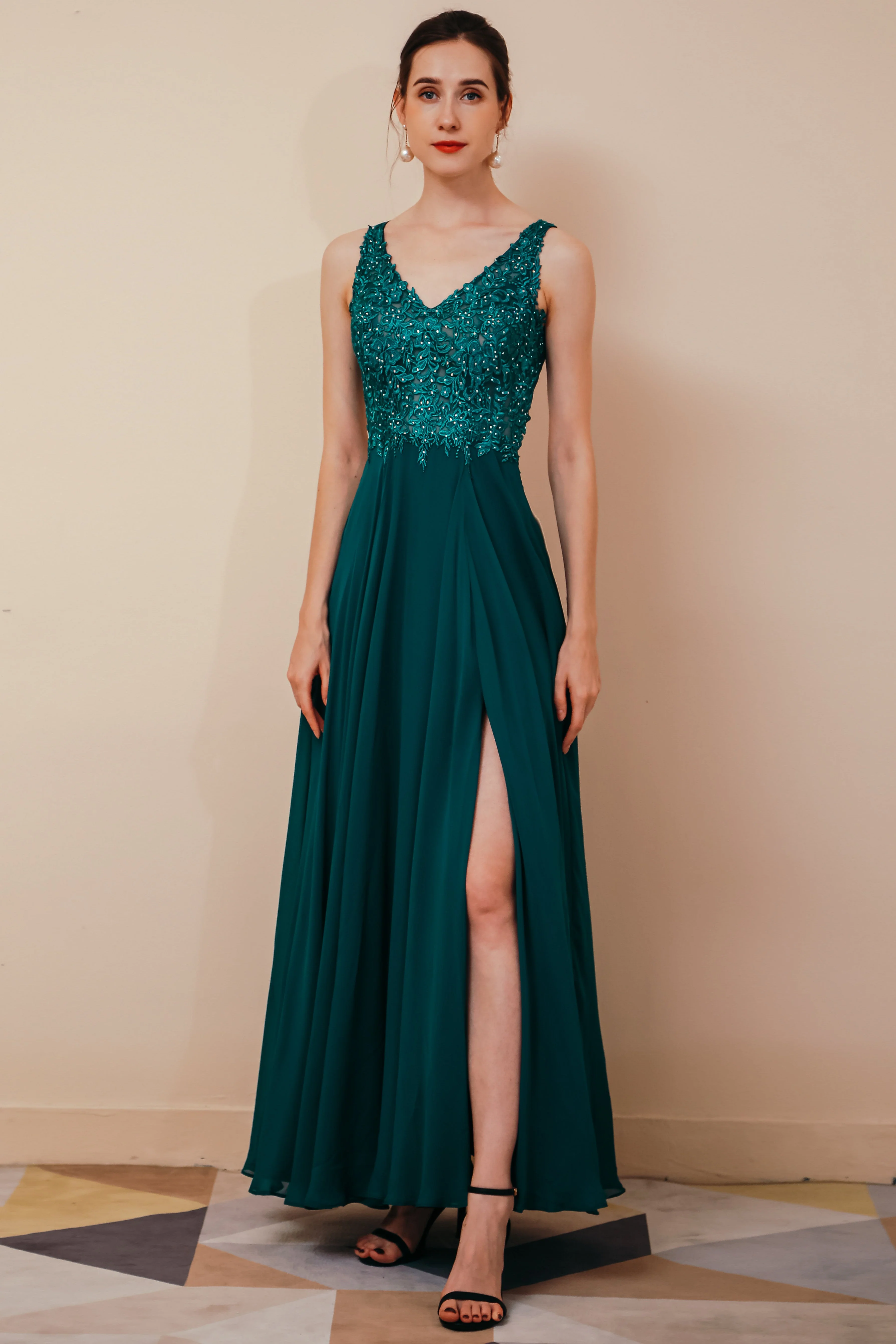 Rust A-line Chiffon V-neck Open-back Evening Dress - Image 7