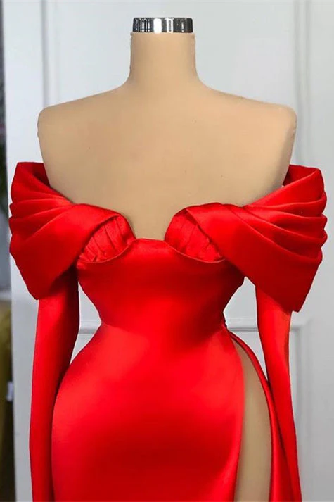 Sexy Red Long Sleeves Mermaid Prom Dress Off-the-Shoulder With Slit - Image 2