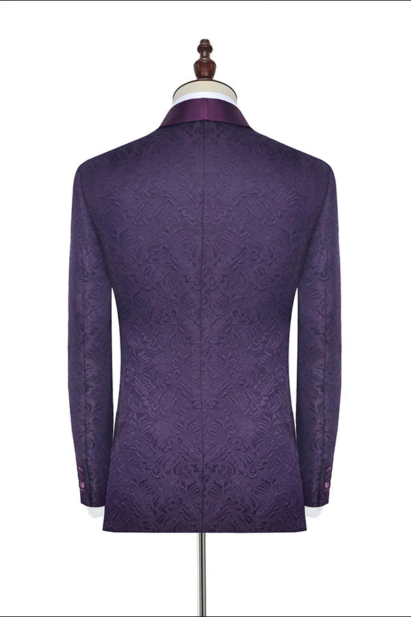 Sharp-looking Dark Purple One Button Wedding Tuxedos Silk Shawl Lapel Jacquard Marriage Suits - Image 2