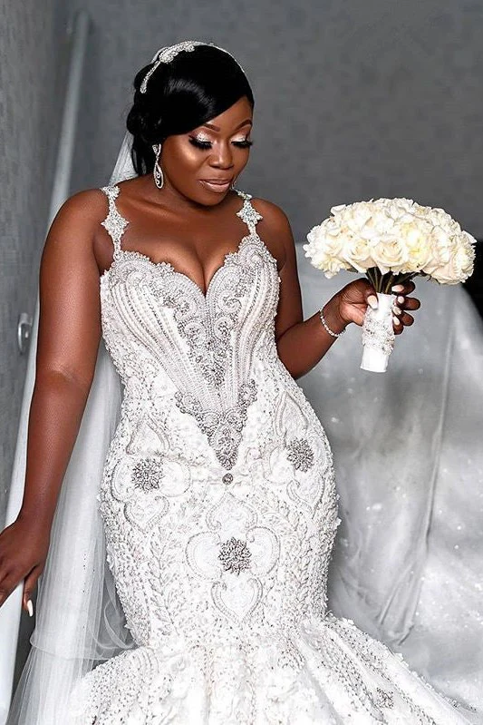 Spaghetti Strap Luxurious Sweetheart Wedding Dress Beading Appliques Mermaid Bridal Dresses - Image 2