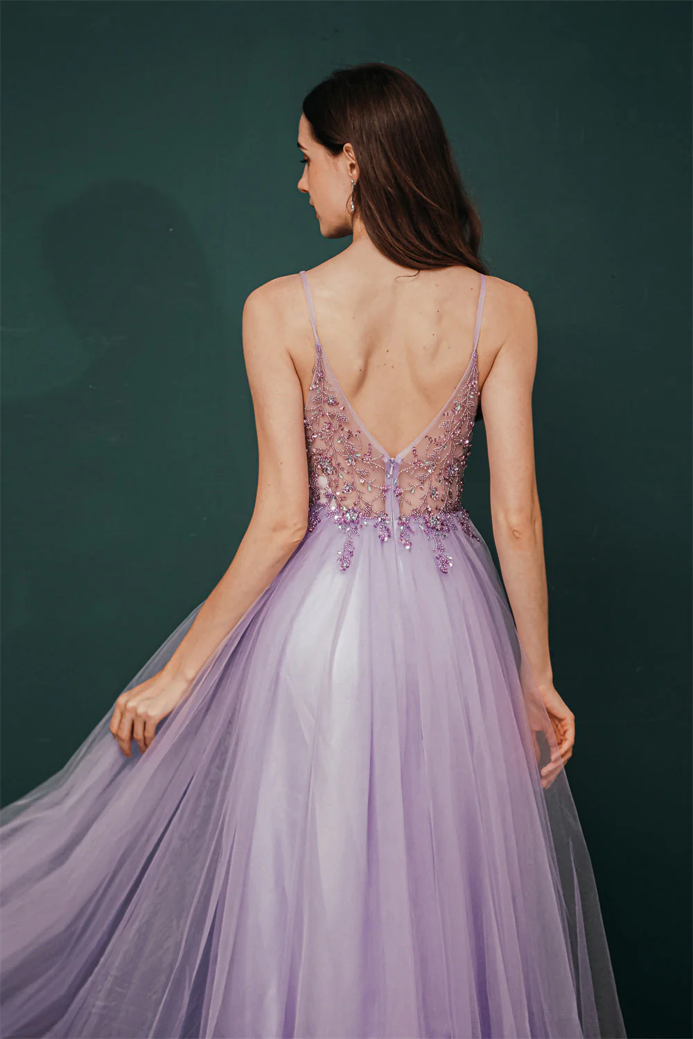 Sparkle Lilac Tulle High-split Spaghetti Strap Prom Dress - Image 2