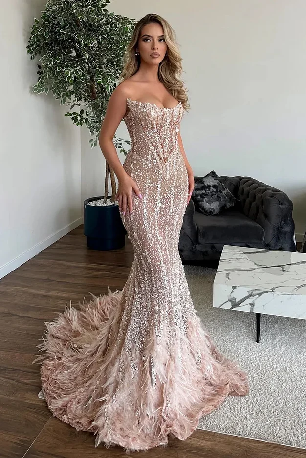 Strapless Mermaid Feathers Beads Floor length Prom Dresses