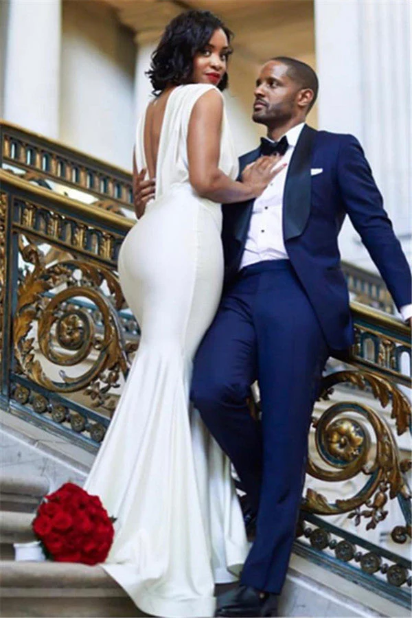 Stylish Deep V Neck Sleeveless Straps Mermaid Floor Length Wedding Dresses - Image 2