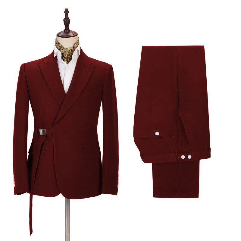 Classic Peak Lapel Buckle Button Formal Burgundy 2 Piece Men's Casual Suit Online - Image 2