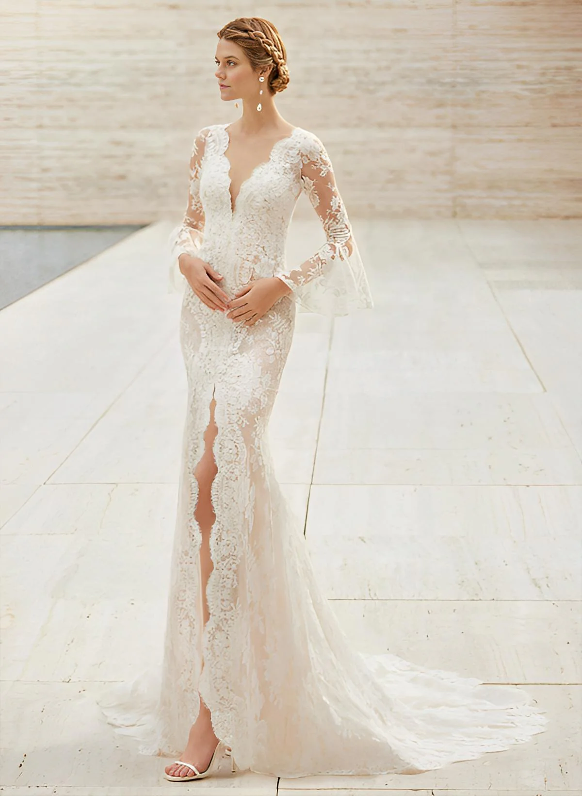 Trumpet Mermaid Fitted V-Neck Long Sleeves Lace Court Train Wedding Dresses Split Front Lace