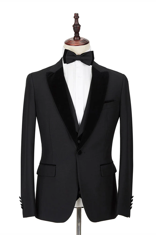 Two-piece Velvet Peak Lapel Well-cut Black Groom's Wedding Suit Tuxedos