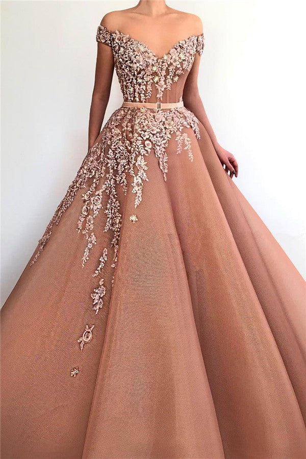 Unique Off-the-Shoulder Sweetheart Long Prom Party Gowns| Chic Ball Gown Applqiues Sleeveless Affordable Prom Party Gowns