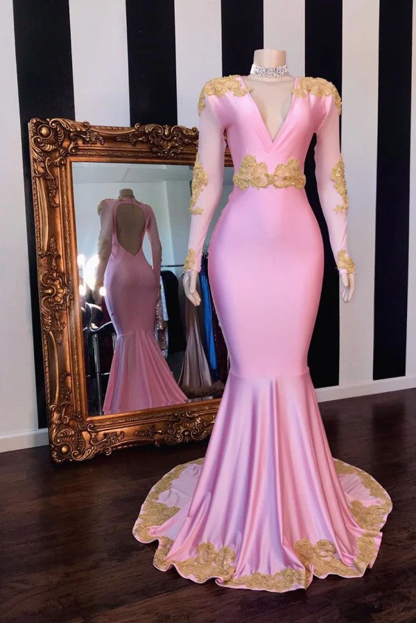 V-neck Long Sleevess Open Back Pink Mermaid Appliques Prom Gowns