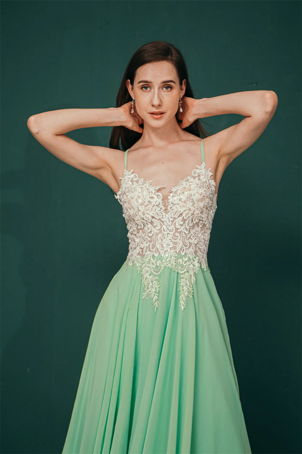 White Lace SPAGHETTI STRAPS High Split Mint green Evening Dress - Image 2